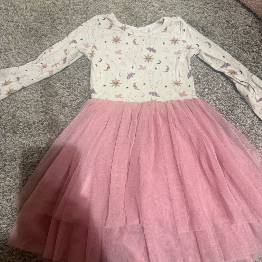 Bird and Bean 2T Pink Tulle Skirt long sleeve Kids Dress with Star & Moon Print